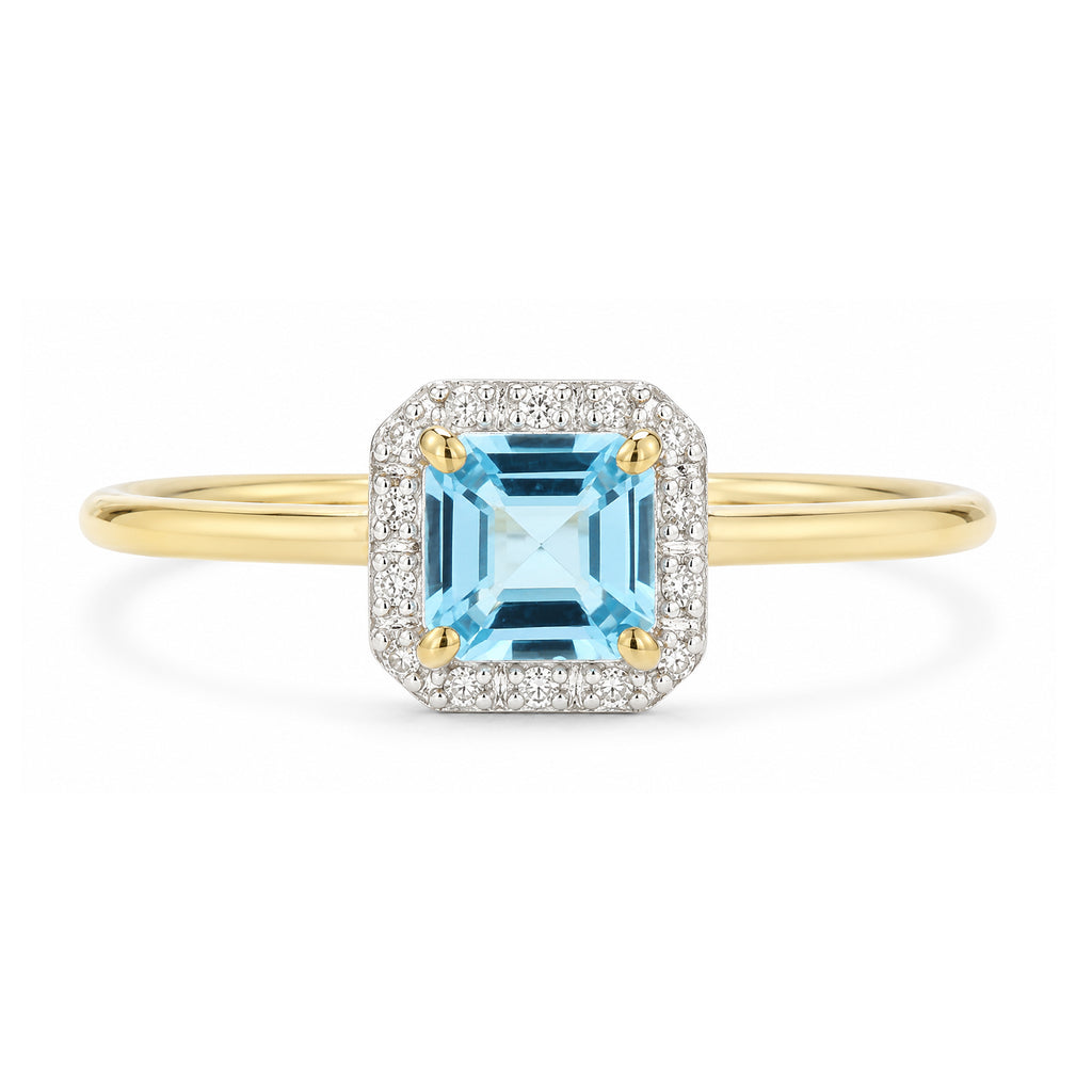 9ct Yellow Gold Cushion Blue Topaz and Diamond Halo Ring
