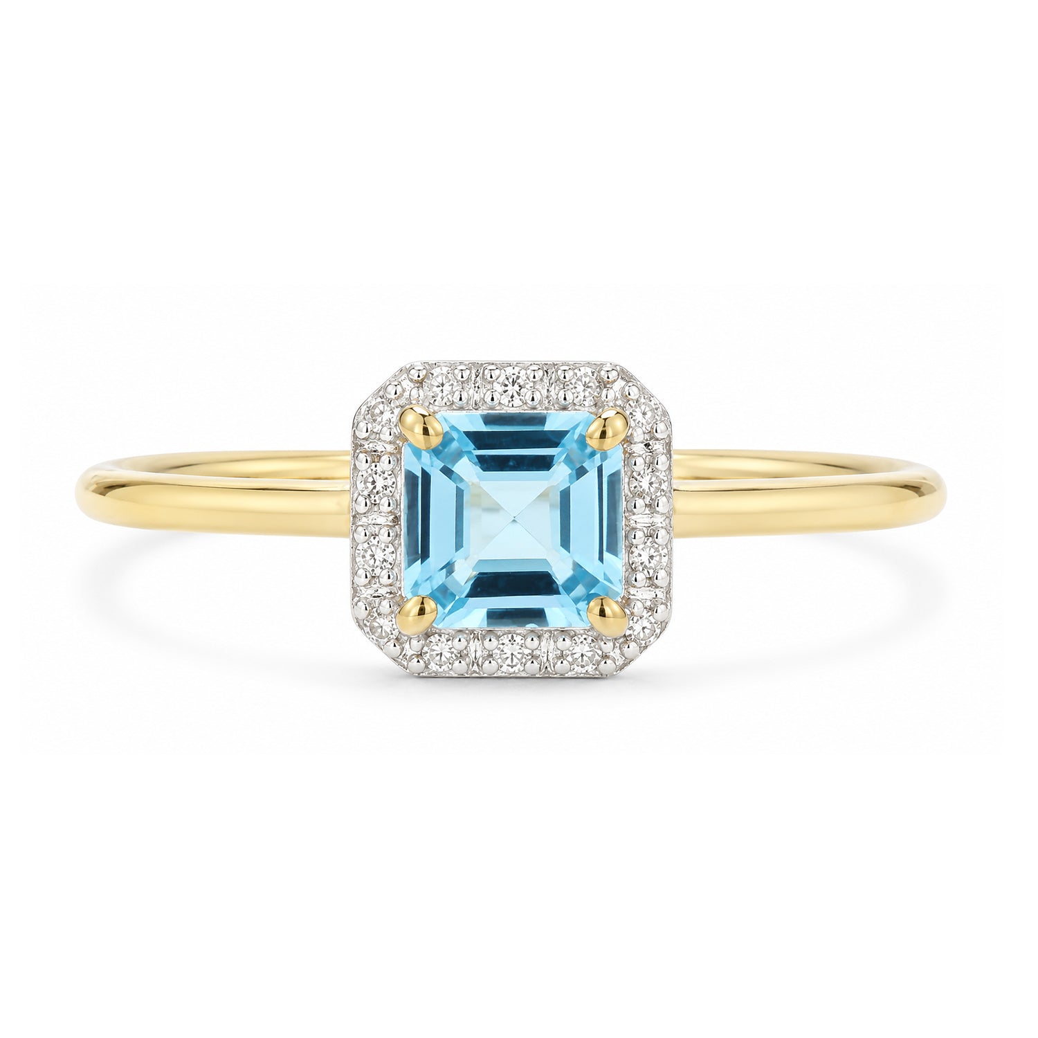 9ct Yellow Gold Cushion Blue Topaz and Diamond Halo Ring