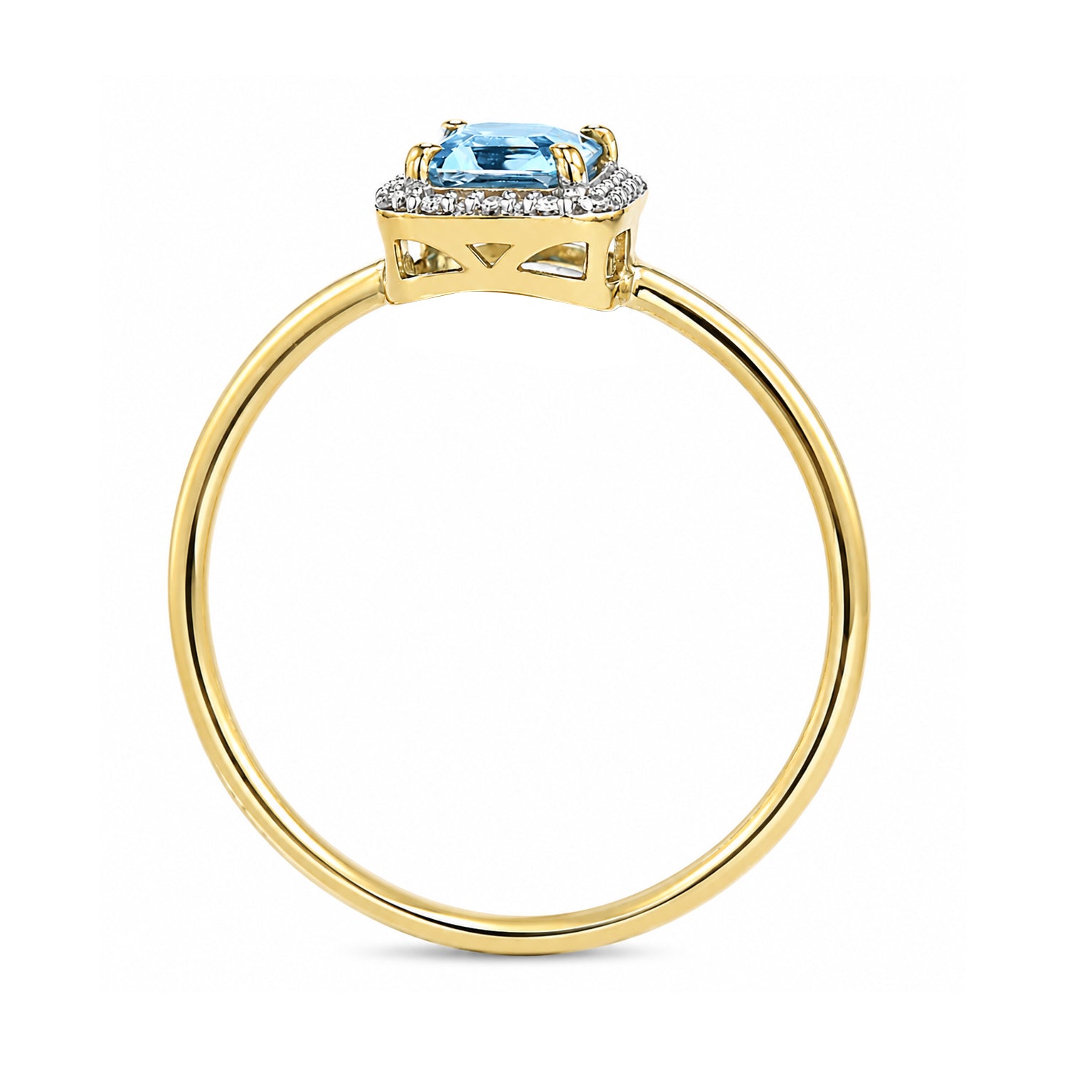 9ct Yellow Gold Cushion Blue Topaz and Diamond Halo Ring