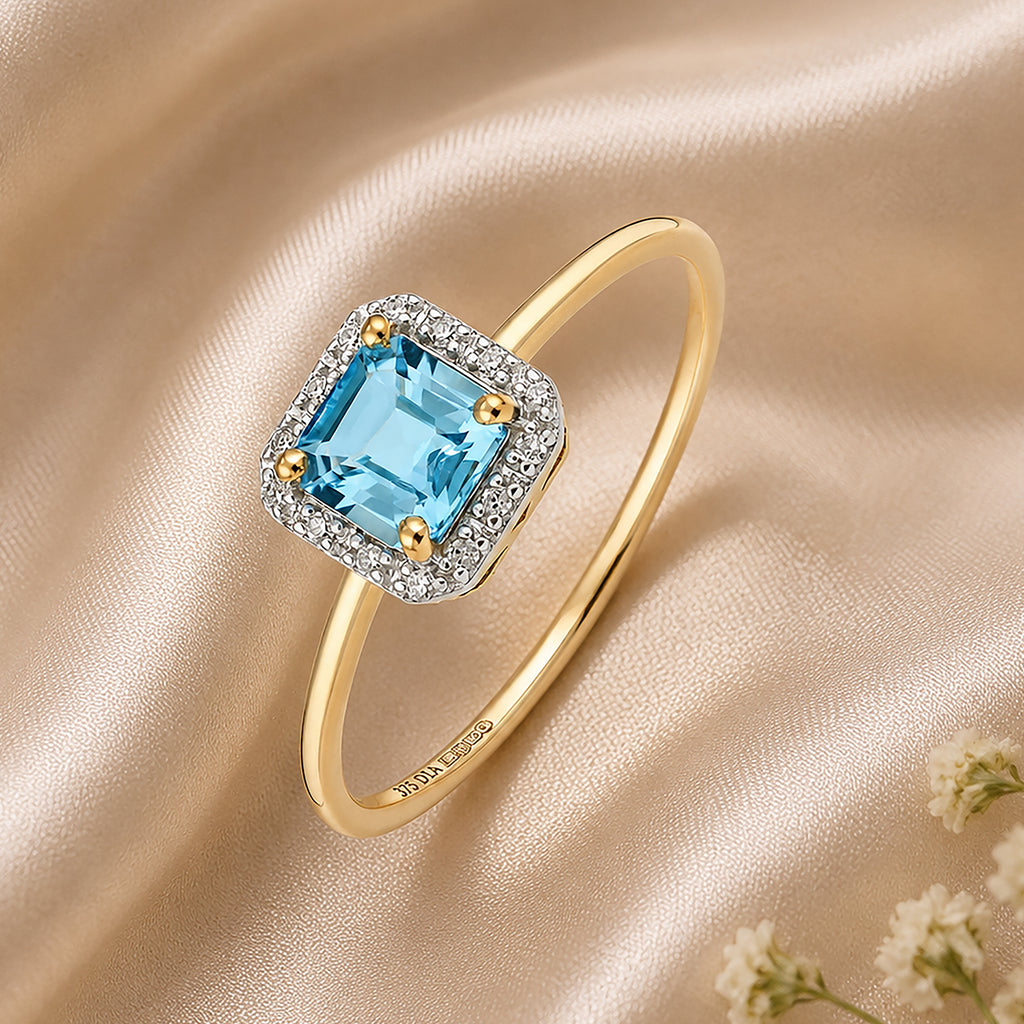 9ct Yellow Gold Cushion Blue Topaz and Diamond Halo Ring