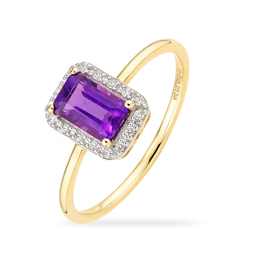 9ct Yellow Gold Amethyst and Diamond Halo Engagement Ring