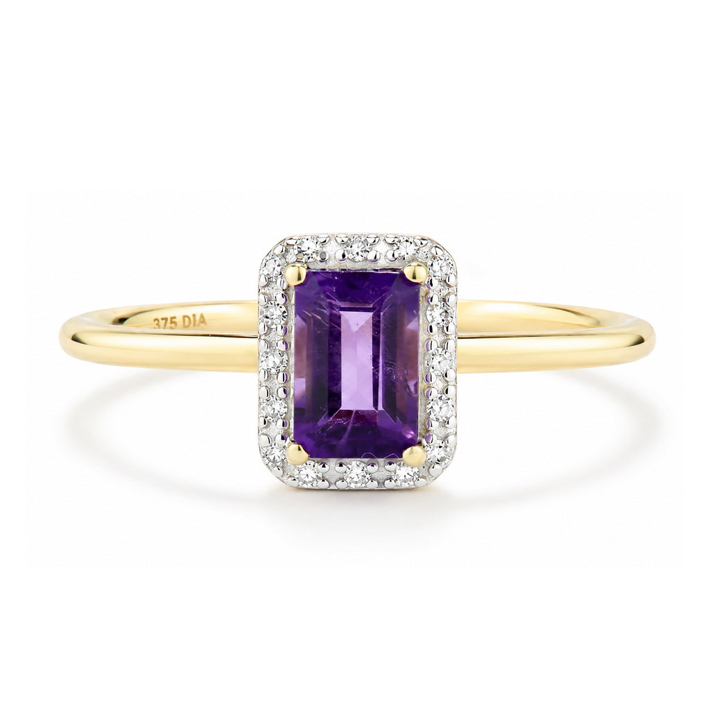 9ct Yellow Gold Amethyst and Diamond Halo Engagement Ring