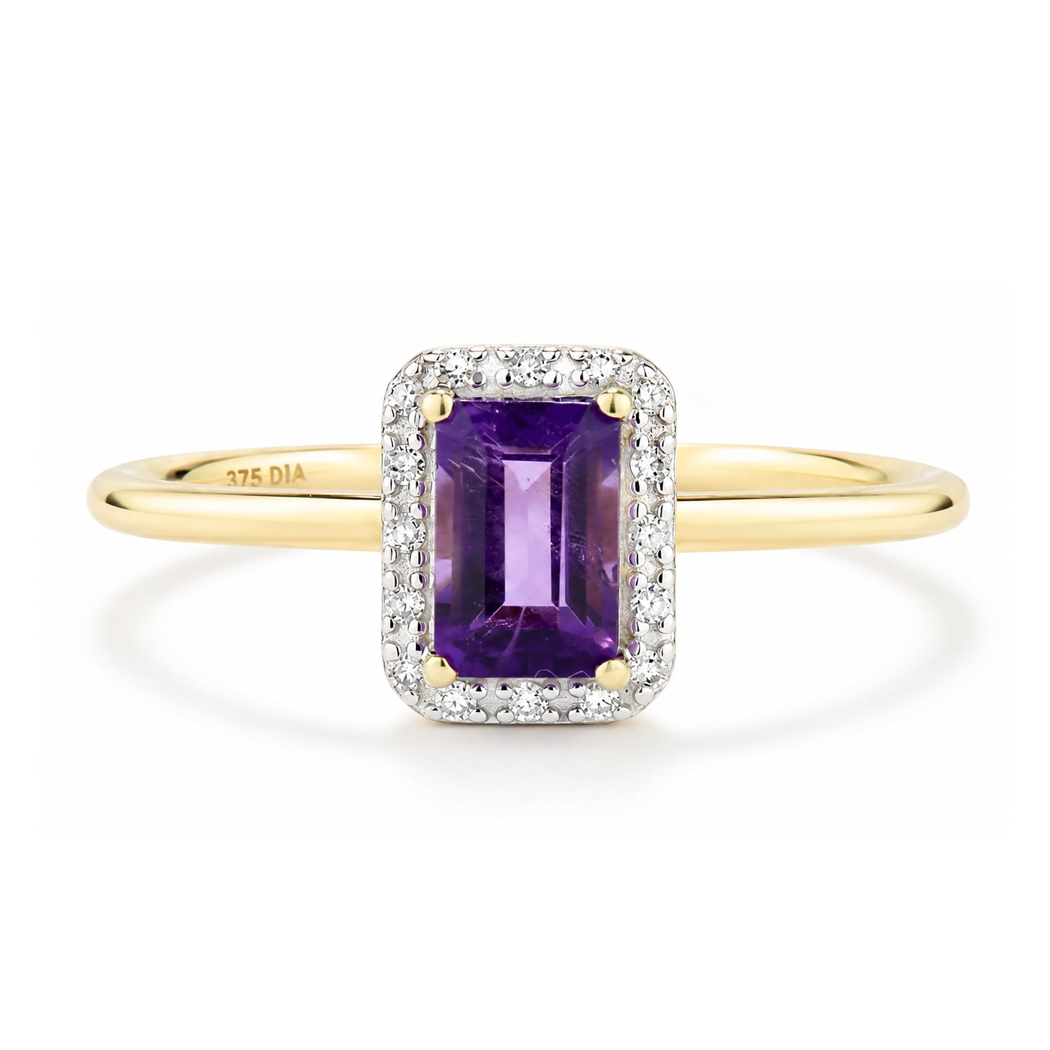 9ct Yellow Gold Amethyst and Diamond Halo Engagement Ring