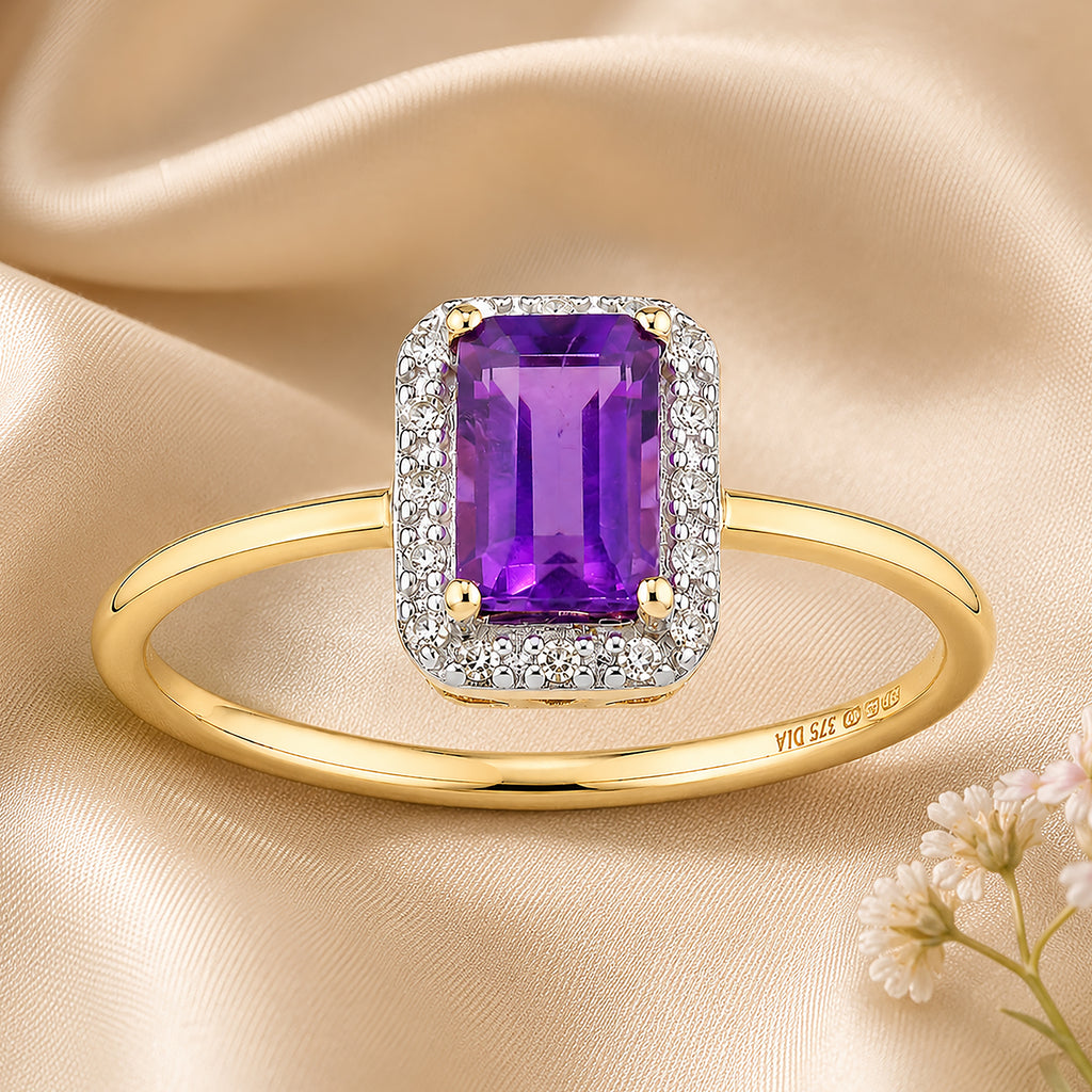 9ct Yellow Gold Amethyst and Diamond Halo Engagement Ring