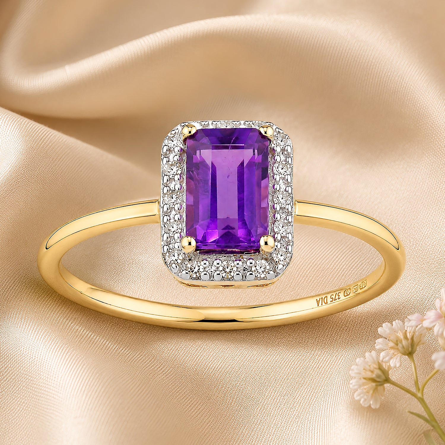 9ct Yellow Gold Amethyst and Diamond Halo Engagement Ring