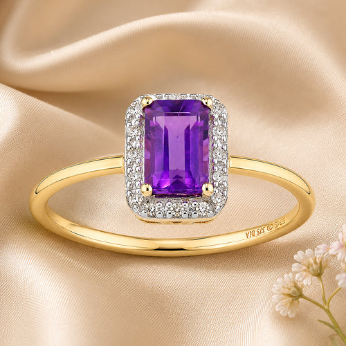 9ct Yellow Gold Amethyst and Diamond Halo Engagement Ring