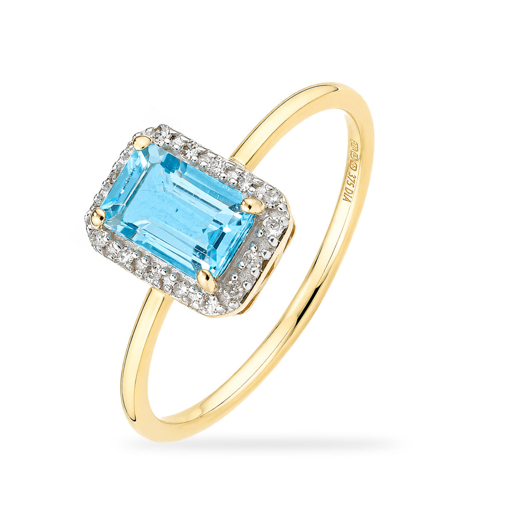 9ct Yellow Gold Blue Topaz and Diamond Halo Engagement Ring