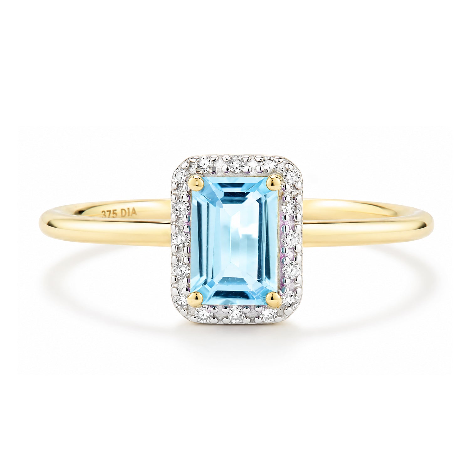 9ct Yellow Gold Blue Topaz and Diamond Halo Engagement Ring