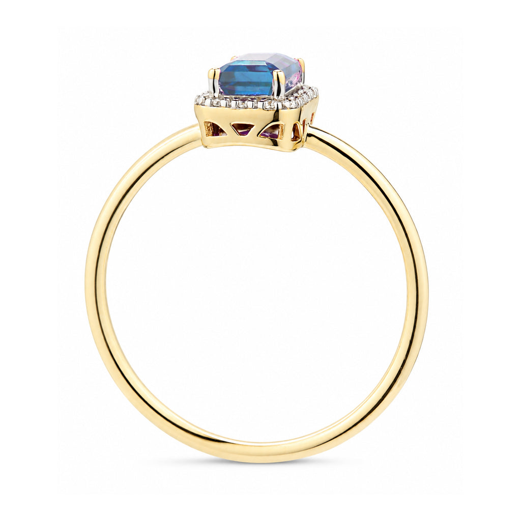 9ct Yellow Gold Blue Topaz and Diamond Halo Engagement Ring