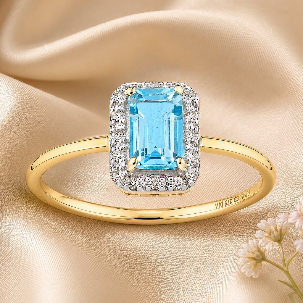 9ct Yellow Gold Blue Topaz and Diamond Halo Engagement Ring