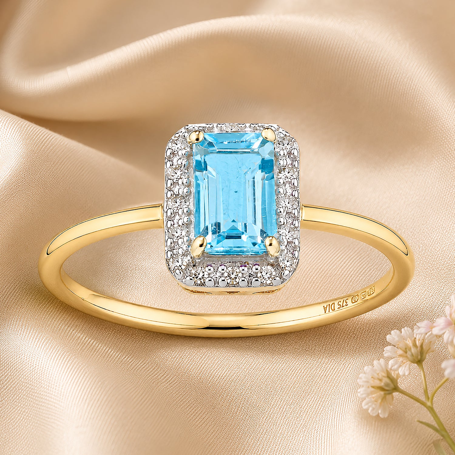 9ct Yellow Gold Blue Topaz and Diamond Halo Engagement Ring