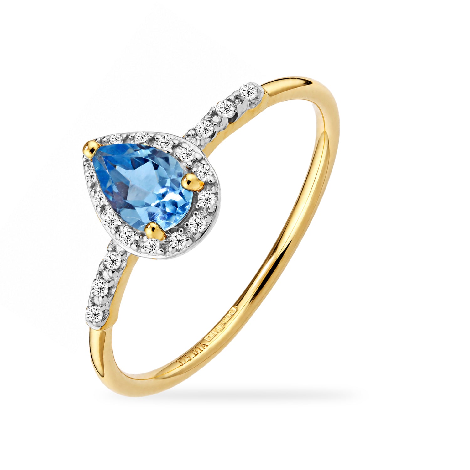 9ct Yellow Gold Pear Blue Topaz and Diamond Engagement Ring