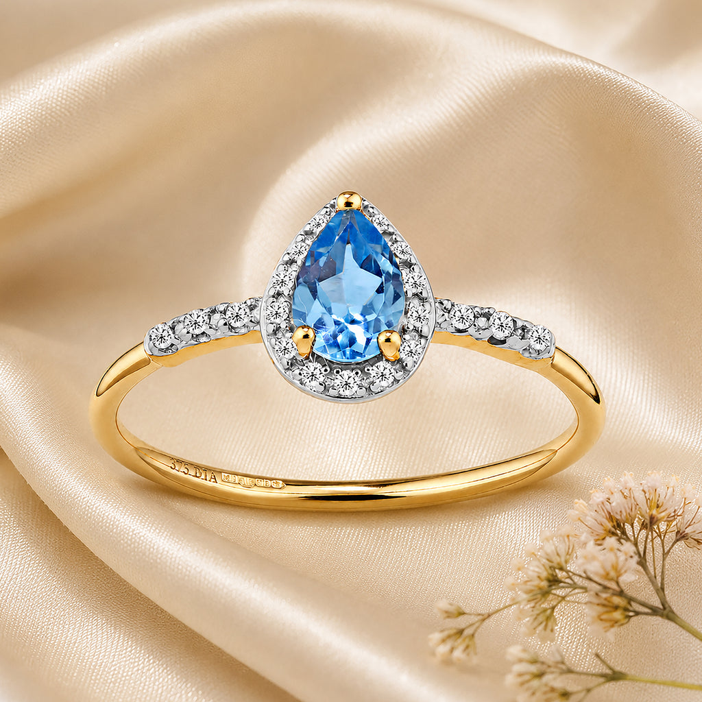 9ct Yellow Gold Pear Blue Topaz and Diamond Engagement Ring