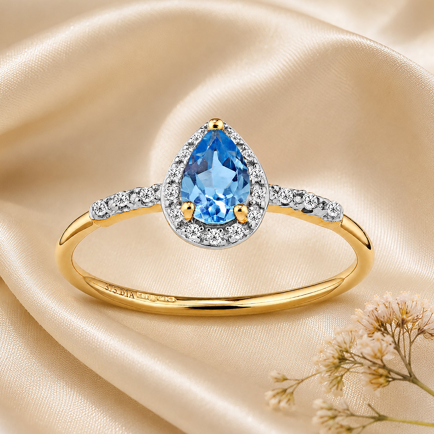 9ct Yellow Gold Pear Blue Topaz and Diamond Engagement Ring