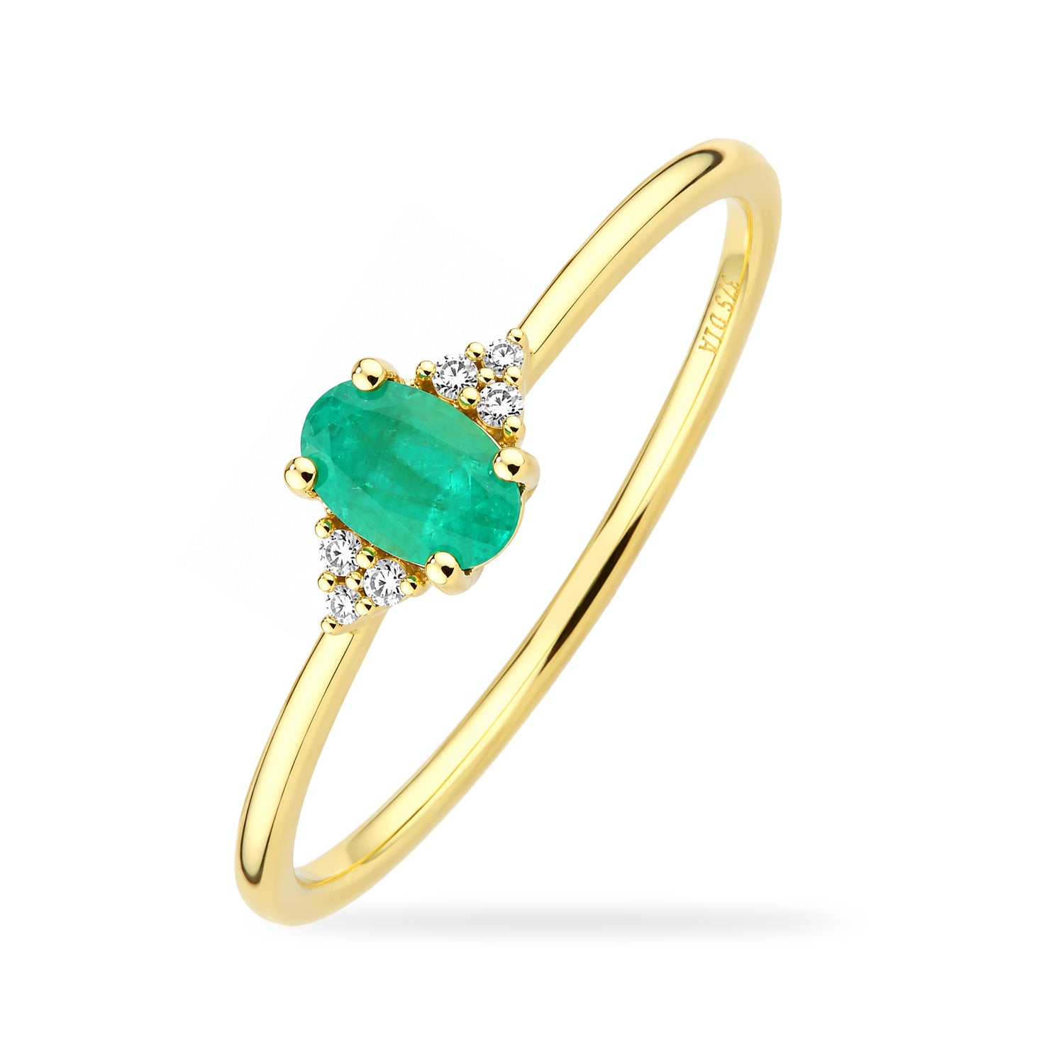 9ct Yellow Gold Emerald Engagement Ring with Trilogy Diamond Shoulders