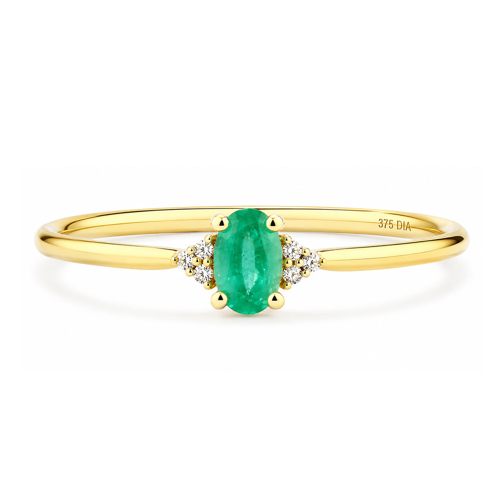 9ct Yellow Gold Emerald Engagement Ring with Trilogy Diamond Shoulders