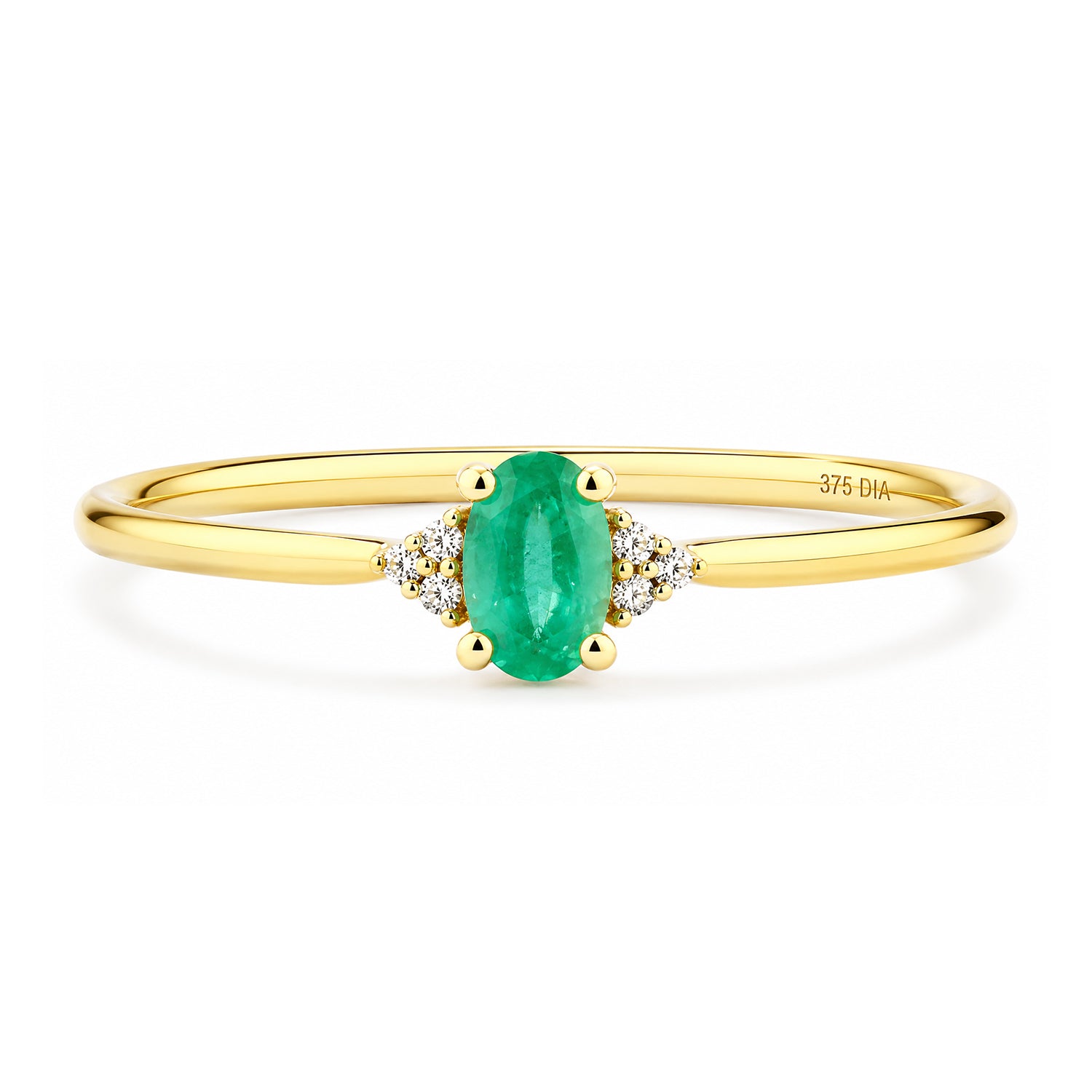 9ct Yellow Gold Emerald Engagement Ring with Trilogy Diamond Shoulders