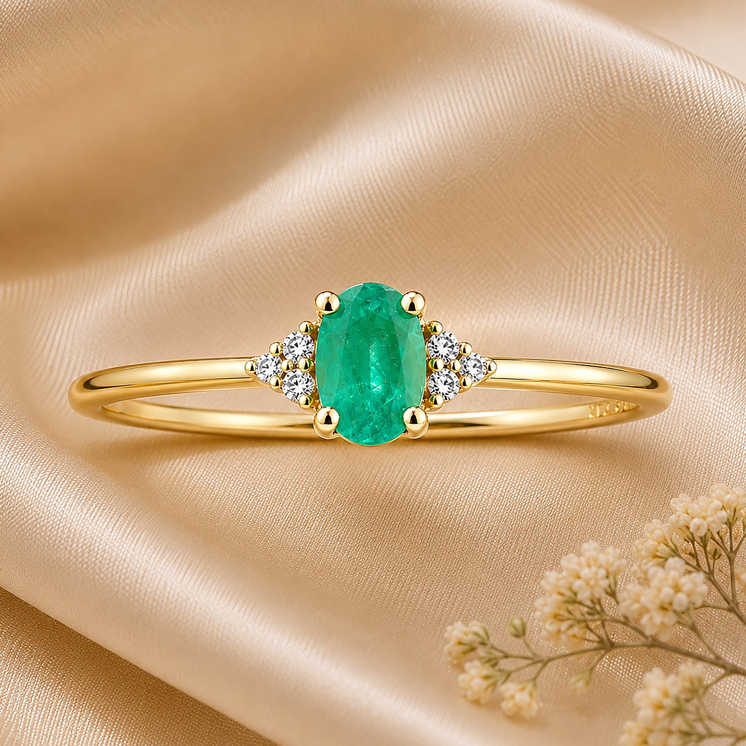 9ct Yellow Gold Emerald Engagement Ring with Trilogy Diamond Shoulders