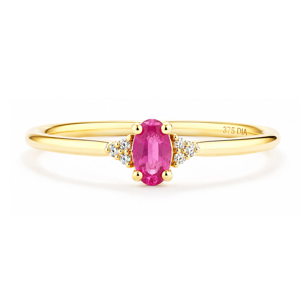 9ct Yellow Gold Ruby Engagement Ring with Trilogy Diamond Shoulders