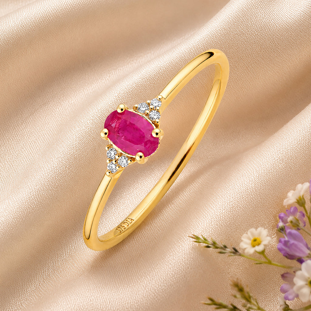 9ct Yellow Gold Ruby Engagement Ring with Trilogy Diamond Shoulders