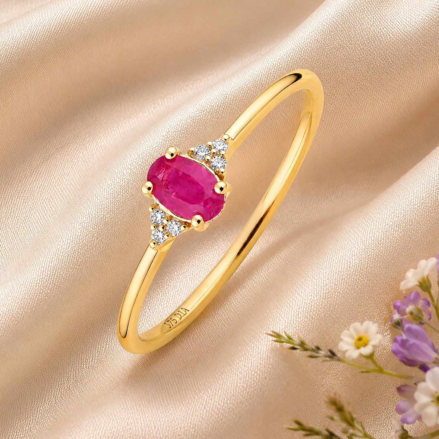 9ct Yellow Gold Ruby Engagement Ring with Trilogy Diamond Shoulders