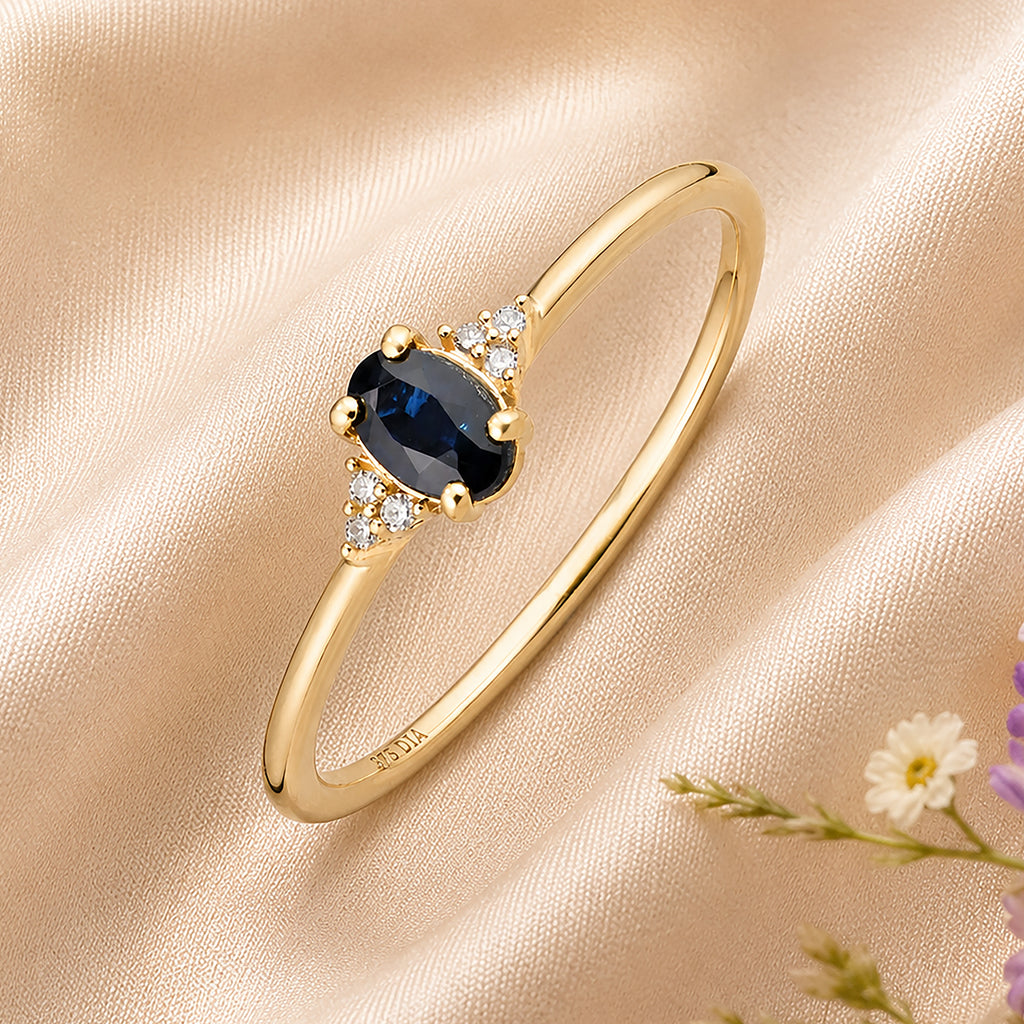 9ct Yellow Gold Sapphire Engagement Ring with Trilogy Diamond Shoulders