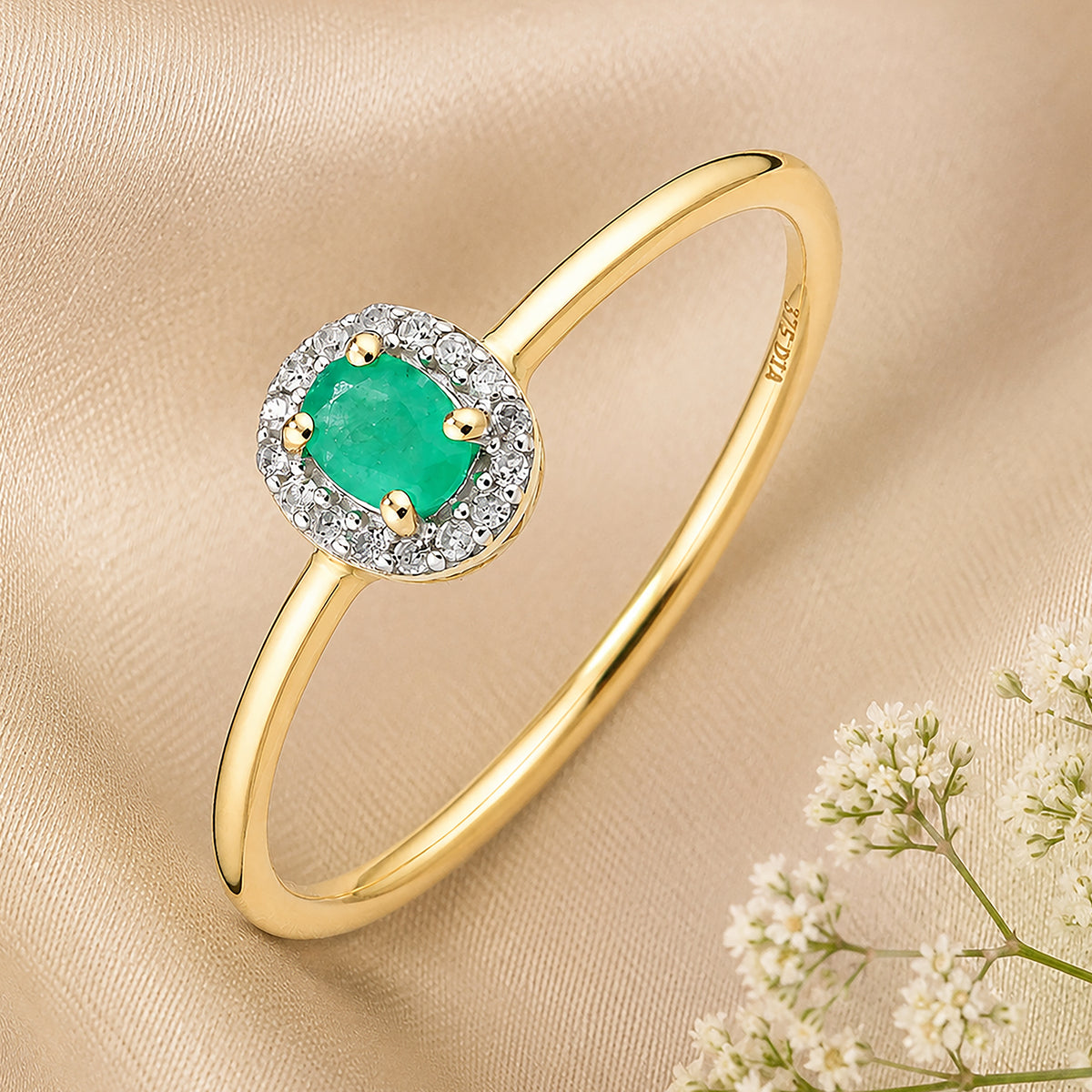 9ct Yellow Gold Emerald and Diamonds Halo Ring