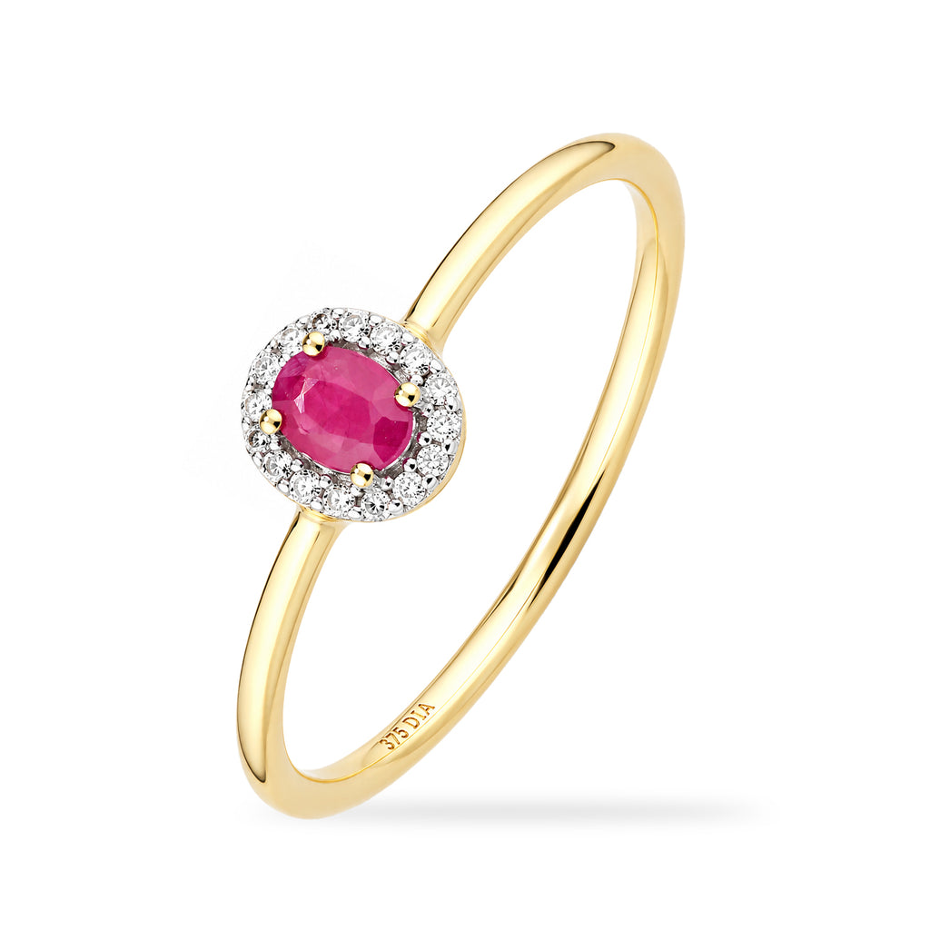 9ct Yellow Gold Ruby and Diamonds Halo Ring