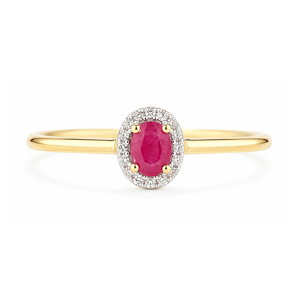 9ct Yellow Gold Ruby and Diamonds Halo Ring