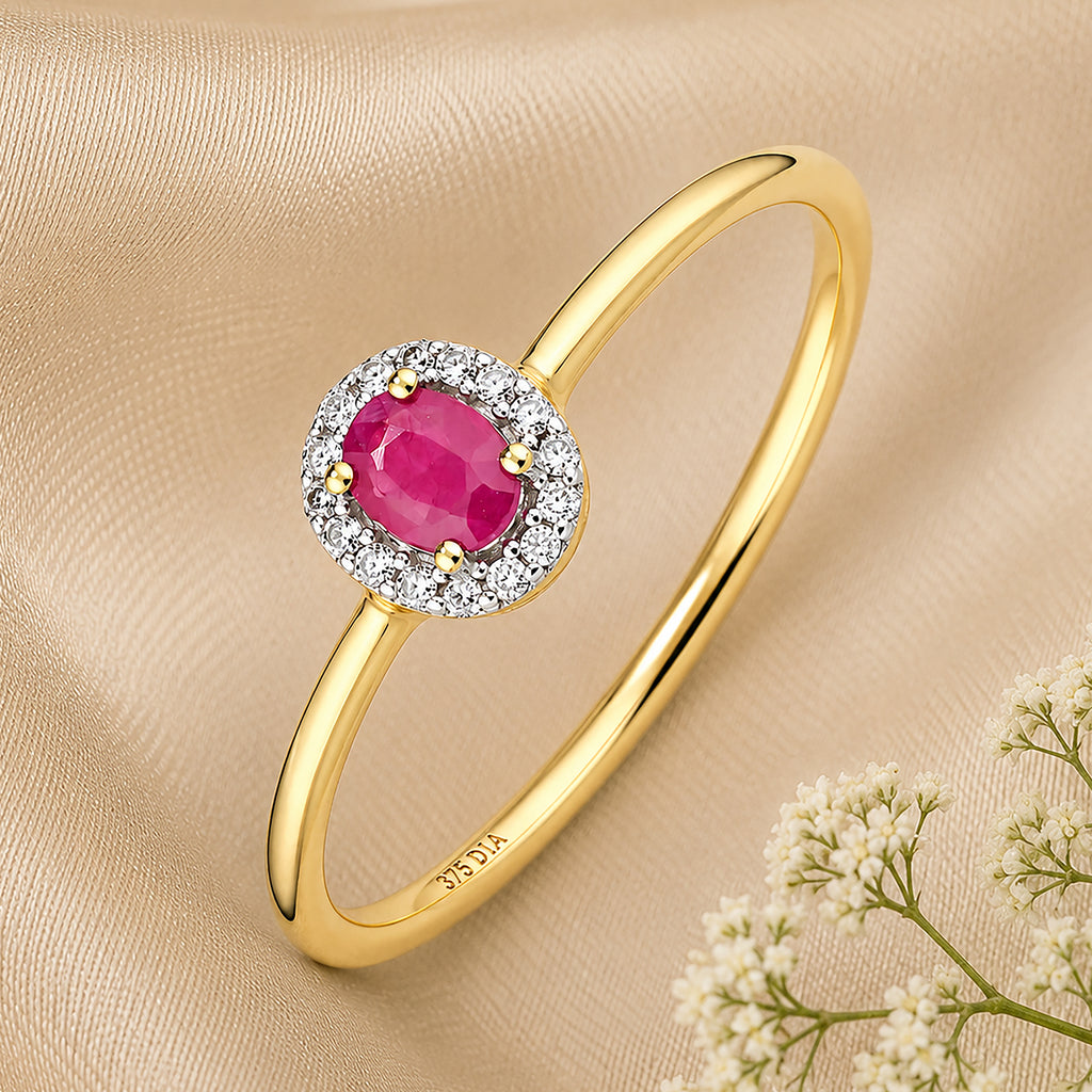 9ct Yellow Gold Ruby and Diamonds Halo Ring