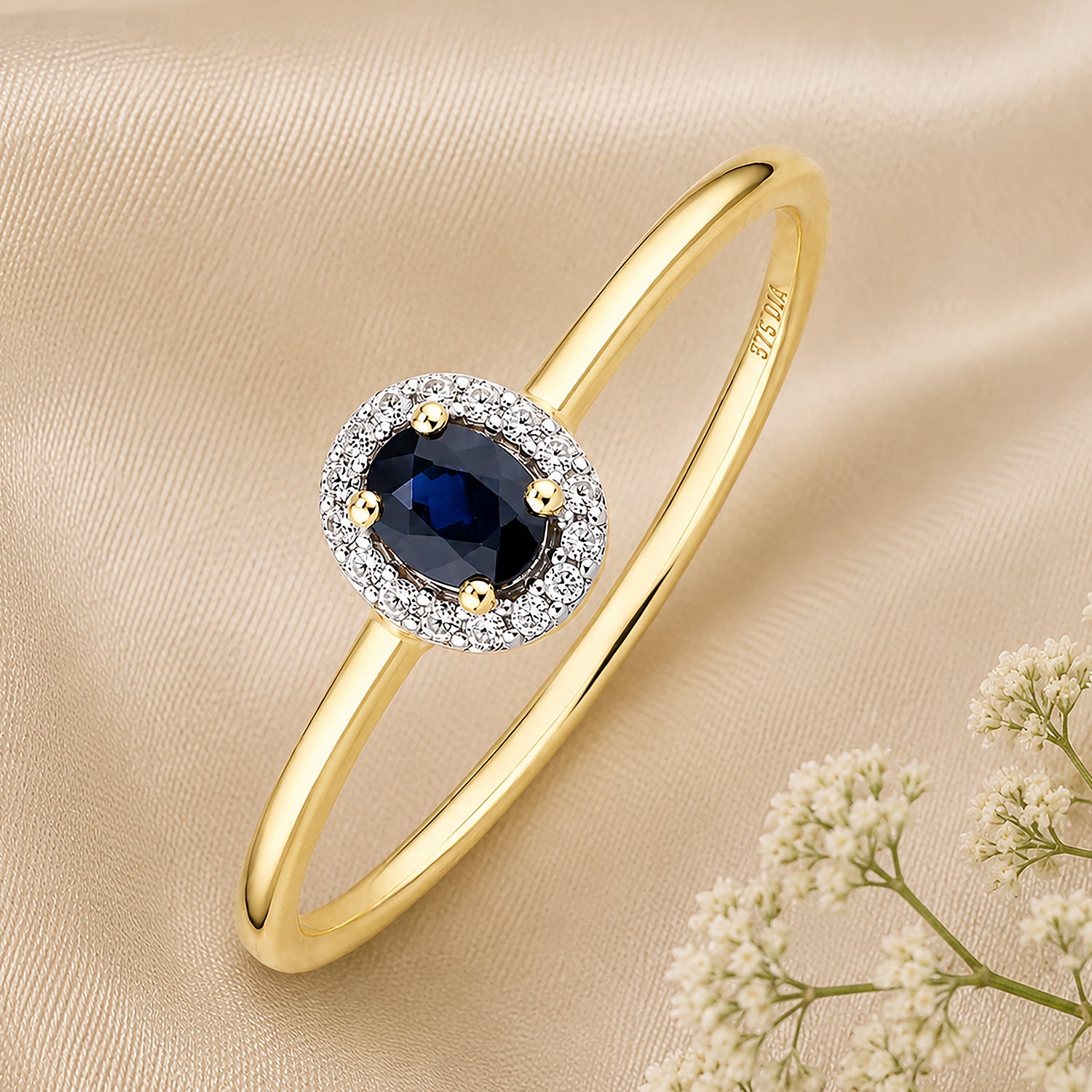 9ct Yellow Gold Sapphire and Diamonds Halo Ring