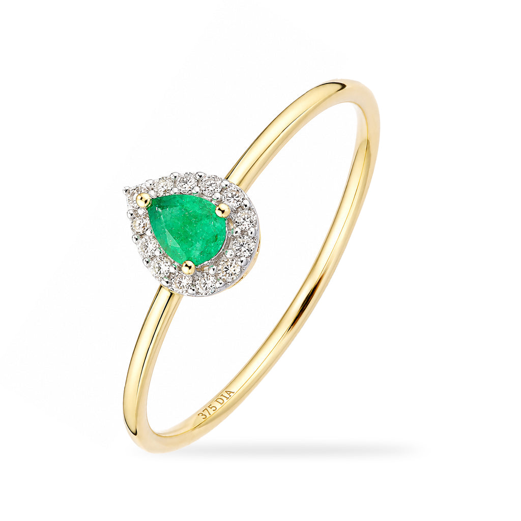 9ct Yellow Gold Pear Emerald and Diamond Halo Ring