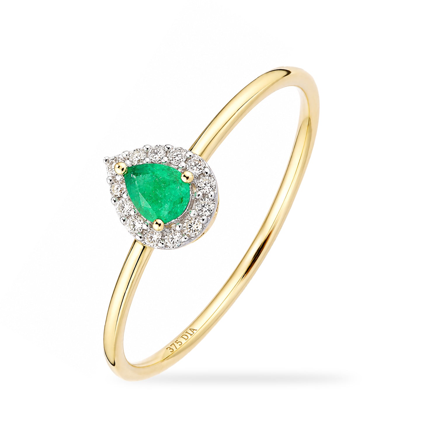 9ct Yellow Gold Pear Emerald and Diamond Halo Ring