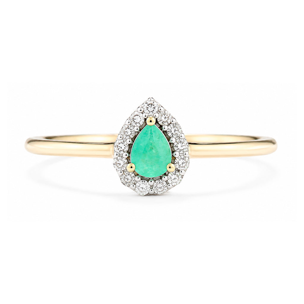 9ct Yellow Gold Pear Emerald and Diamond Halo Ring