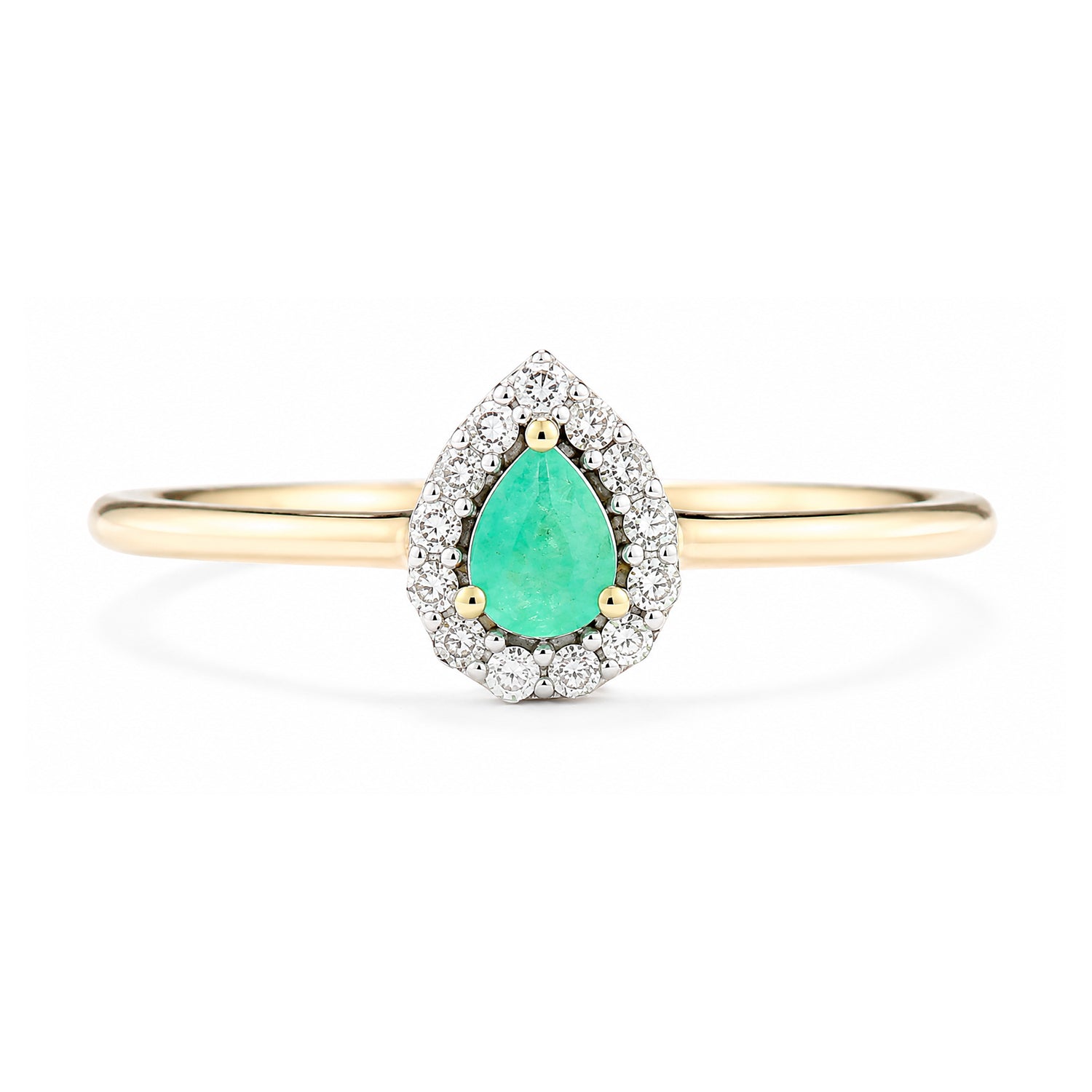 9ct Yellow Gold Pear Emerald and Diamond Halo Ring