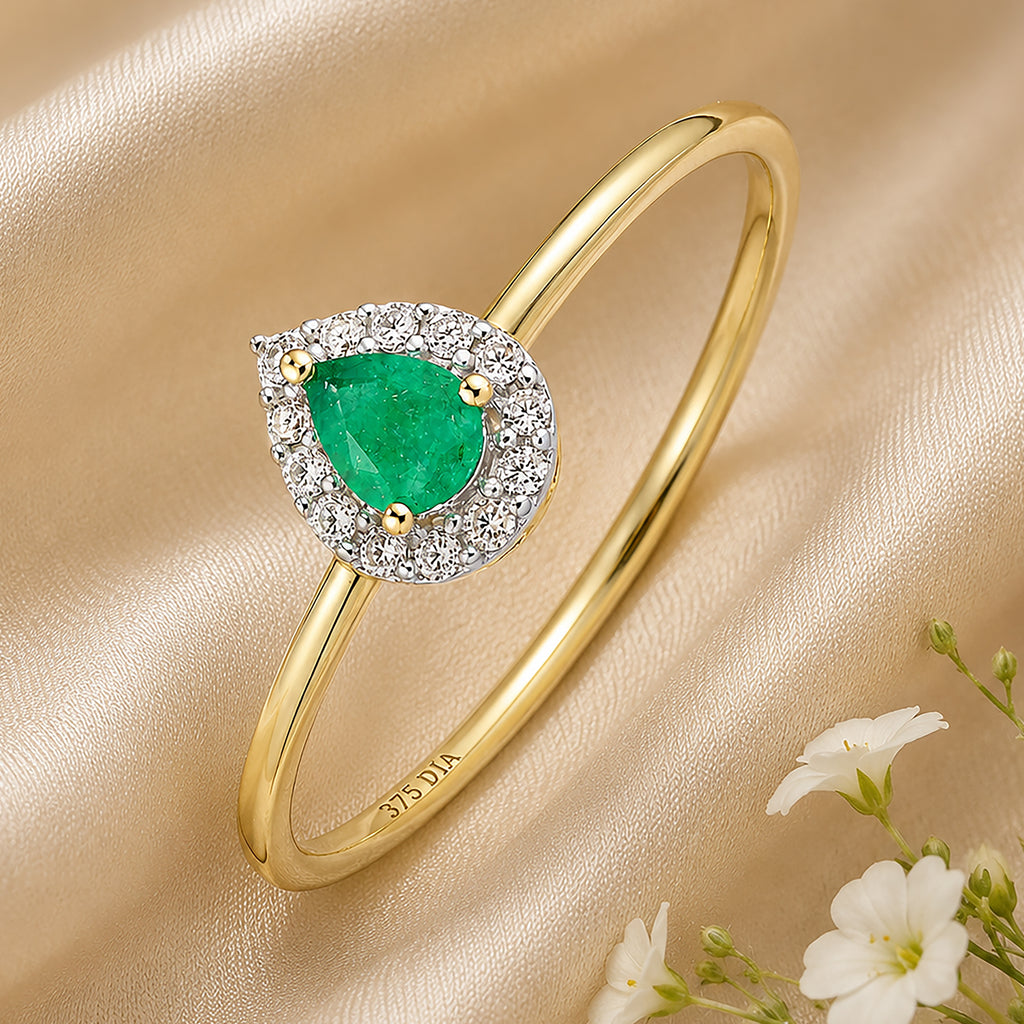 9ct Yellow Gold Pear Emerald and Diamond Halo Ring