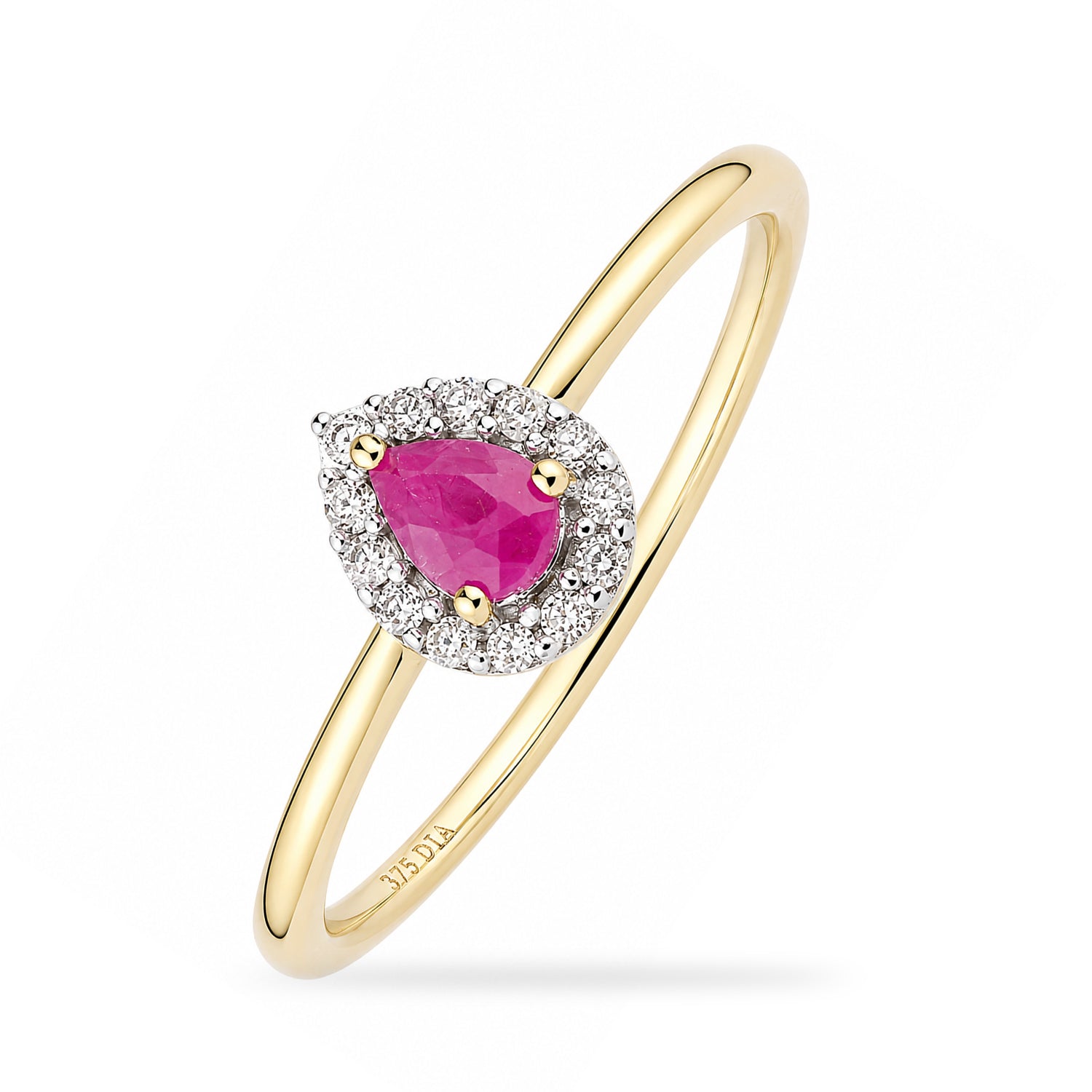9ct Yellow Gold Pear Ruby and Diamond Halo Ring