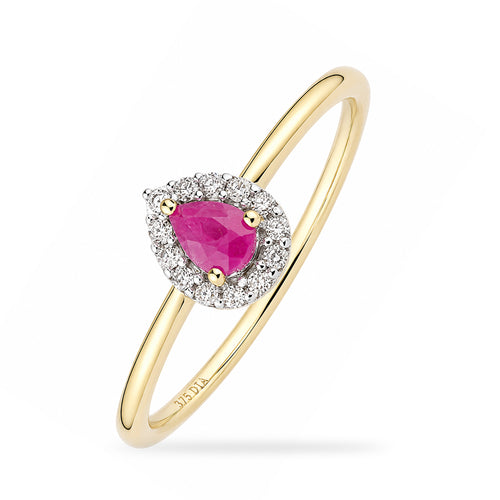 9ct Yellow Gold Pear Ruby and Diamond Halo Ring
