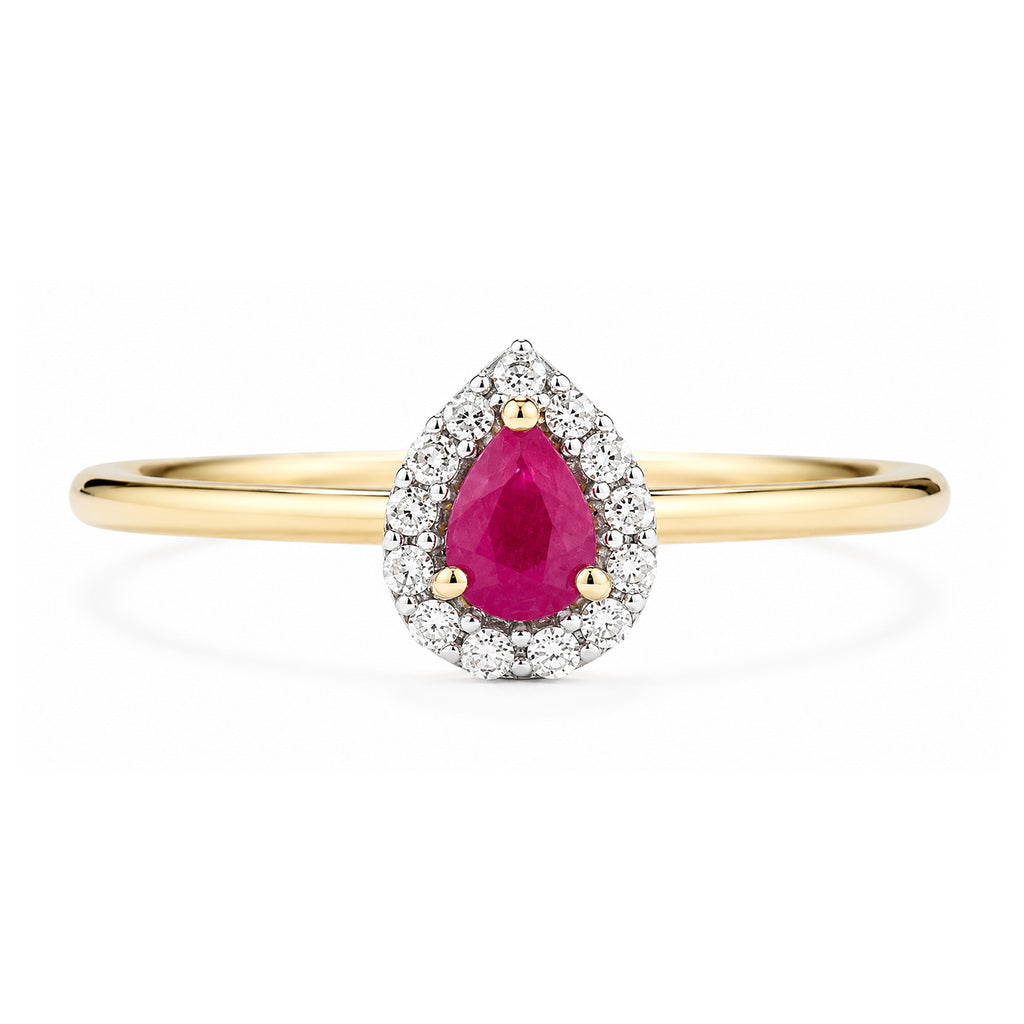 9ct Yellow Gold Pear Ruby and Diamond Halo Ring