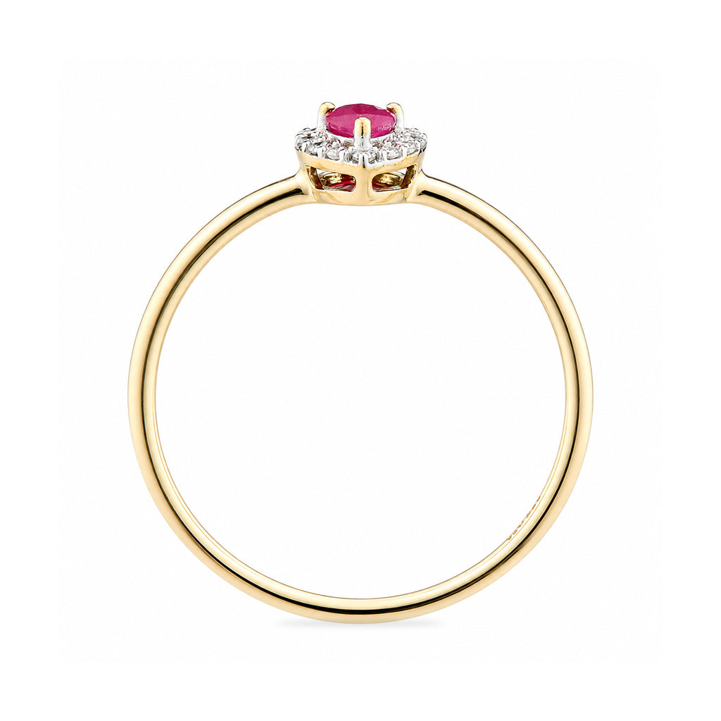 9ct Yellow Gold Pear Ruby and Diamond Halo Ring