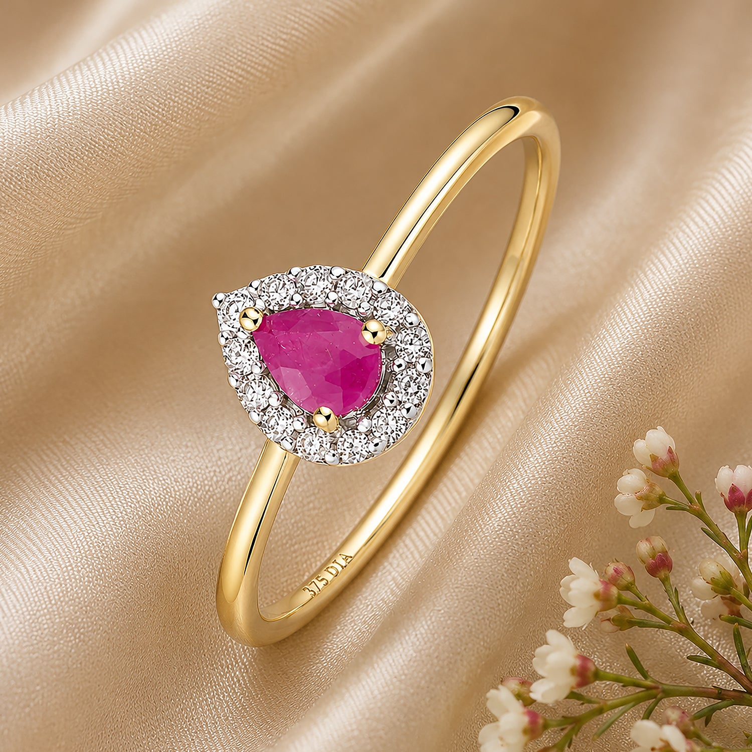 9ct Yellow Gold Pear Ruby and Diamond Halo Ring