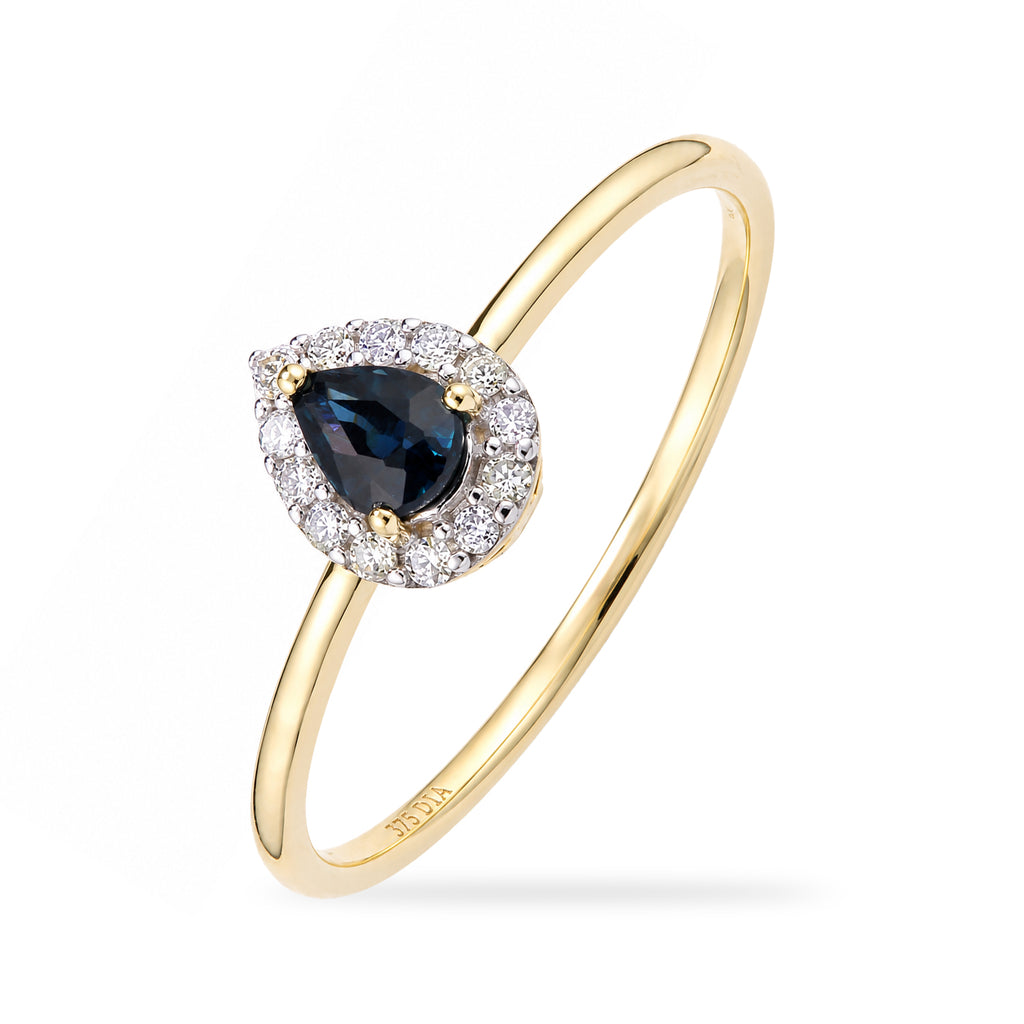 9ct Yellow Gold Pear Sapphire and Diamond Halo Ring