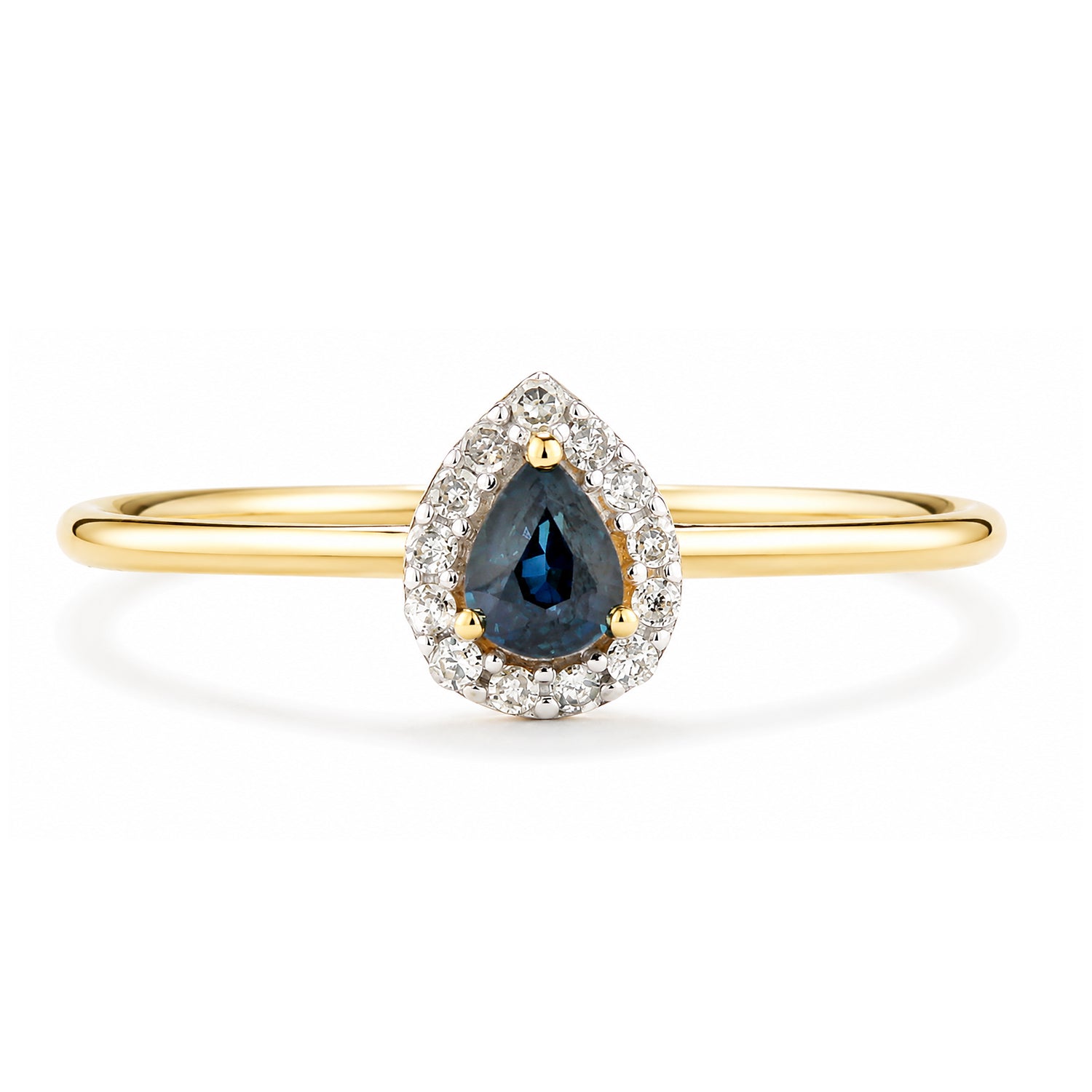 9ct Yellow Gold Pear Sapphire and Diamond Halo Ring