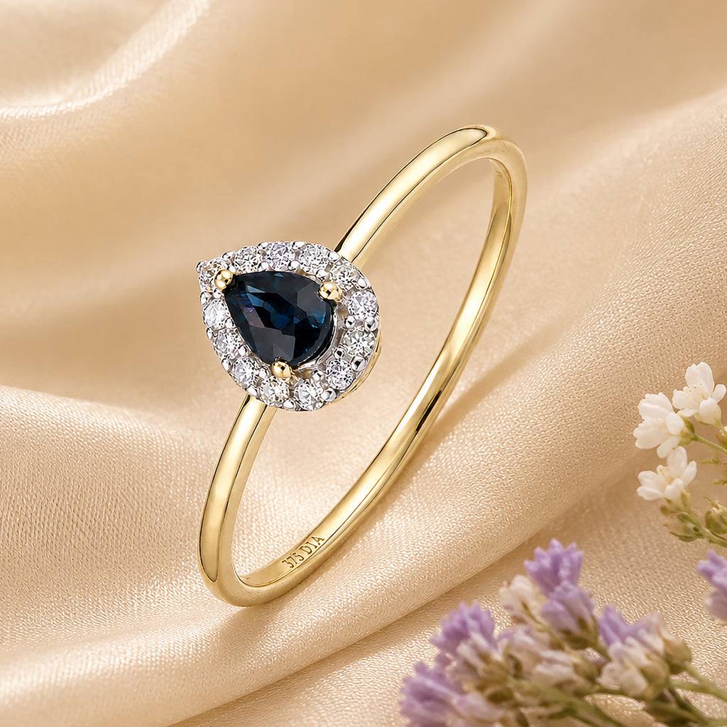 9ct Yellow Gold Pear Sapphire and Diamond Halo Ring