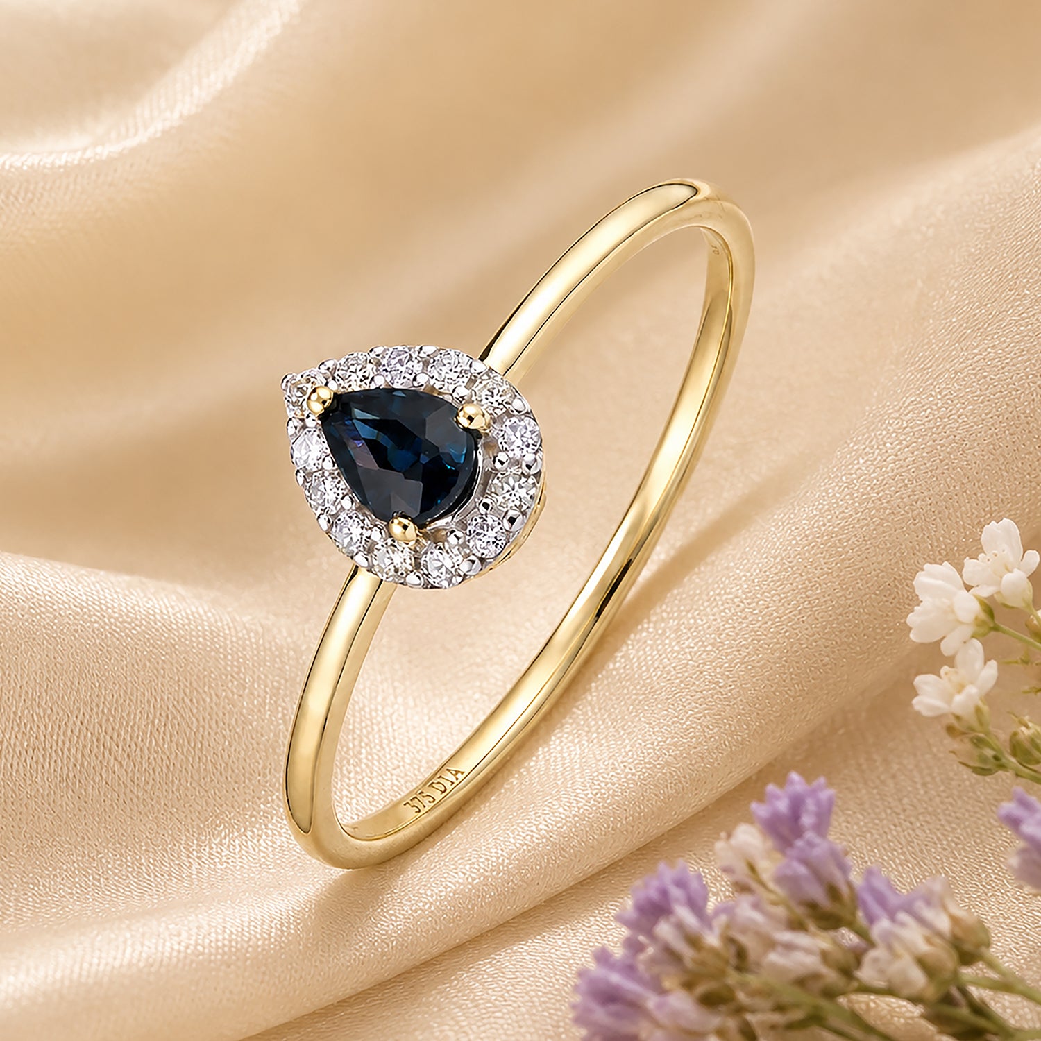 9ct Yellow Gold Pear Sapphire and Diamond Halo Ring