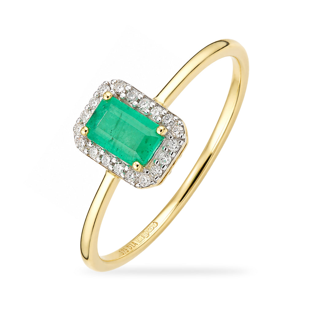 9ct Yellow Gold Emerald and Diamond Halo Ring