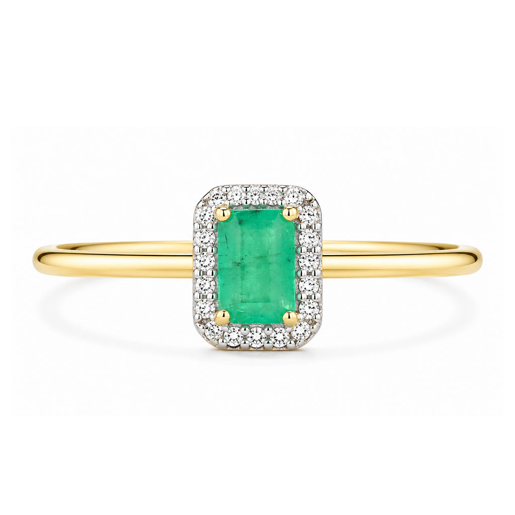 9ct Yellow Gold Emerald and Diamond Halo Ring