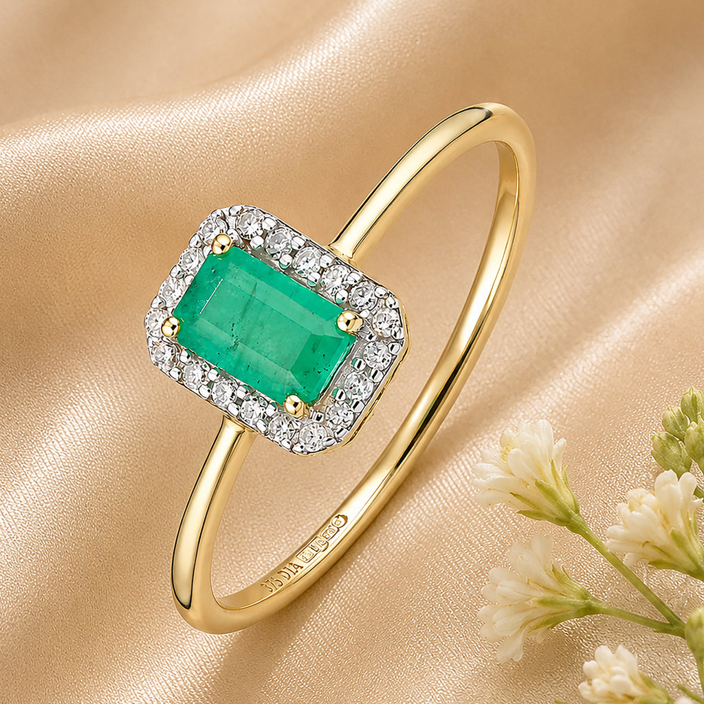 9ct Yellow Gold Emerald and Diamond Halo Ring