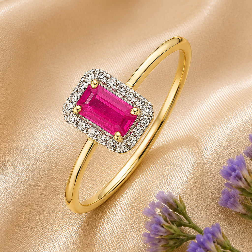 9ct Yellow Gold Ruby and Diamond Halo Ring