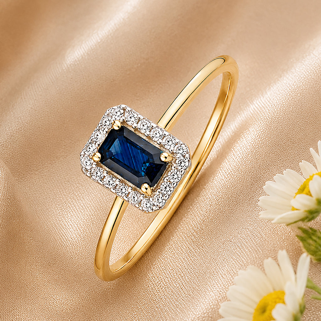 9ct Yellow Gold Sapphire and Diamond Halo Ring